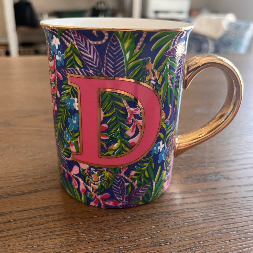 Lilly Pulitzer Monogram D Pink Prowl Ceramic Mug with Gold Handle
